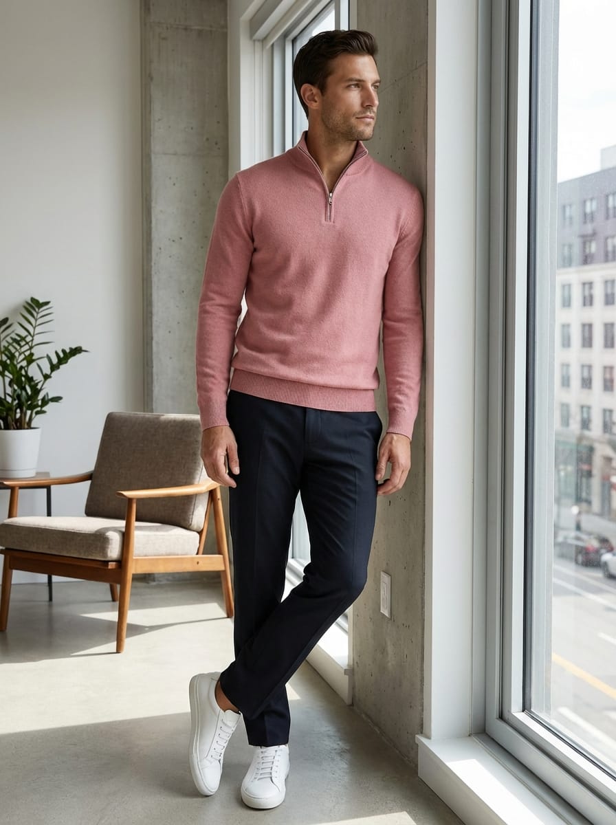 Men’s High Neck Long Sleeves Quarter Zip Ribbed Knit Sweater | Slim Fit