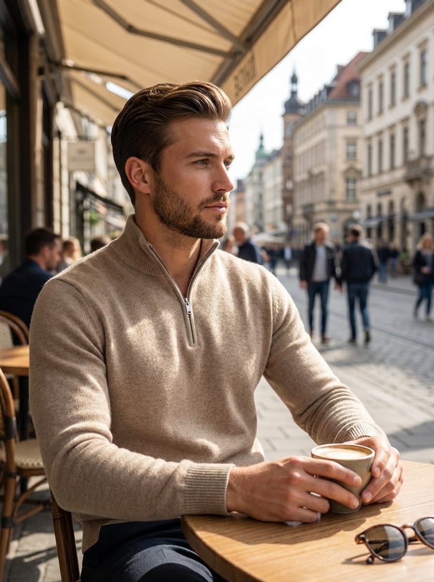 Men’s High Neck Long Sleeves Quarter Zip Ribbed Knit Sweater | Slim Fit