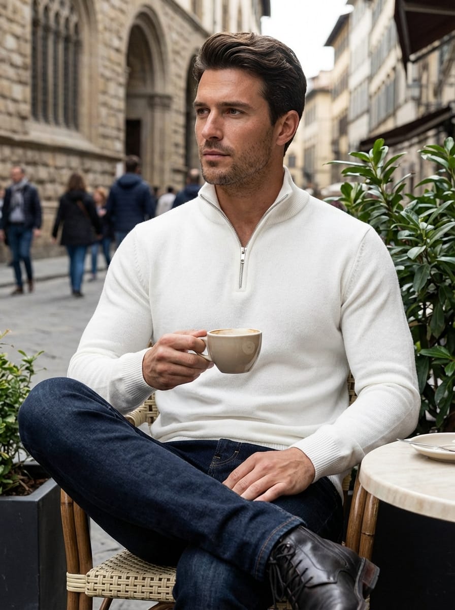 Men’s High Neck Long Sleeves Quarter Zip Ribbed Knit Sweater | Slim Fit