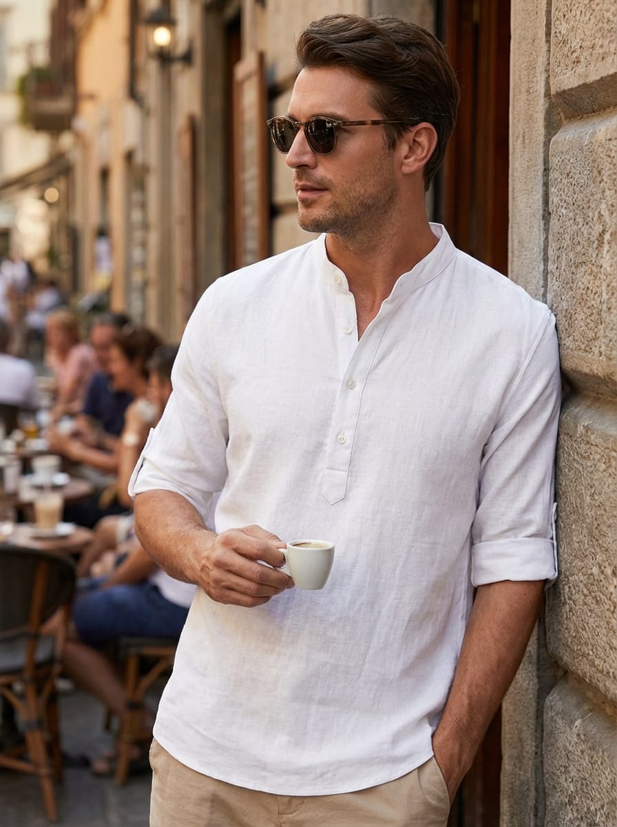 Men’s Mandarin Collar Rolled Sleeves Shirt | Casual