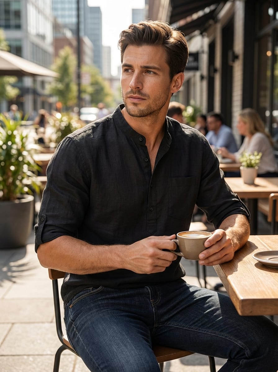 Men’s Mandarin Collar Rolled Sleeves Shirt | Casual