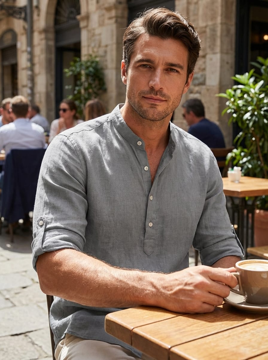 Men’s Mandarin Collar Rolled Sleeves Shirt | Casual