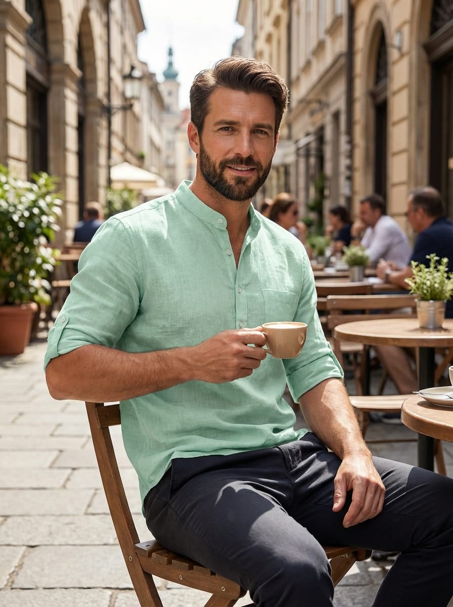 Men’s Mandarin Collar Rolled Sleeves Shirt | Casual