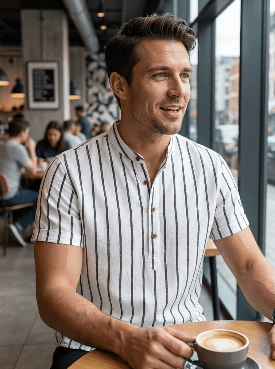 Men’s Mandarin Collar Striped Short Sleeve Shirt | Casual