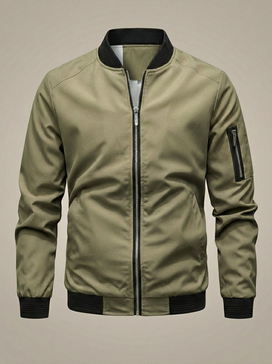 Men’s Stand Collar Zip Up Bomber Jacket | Sleeve Pocket