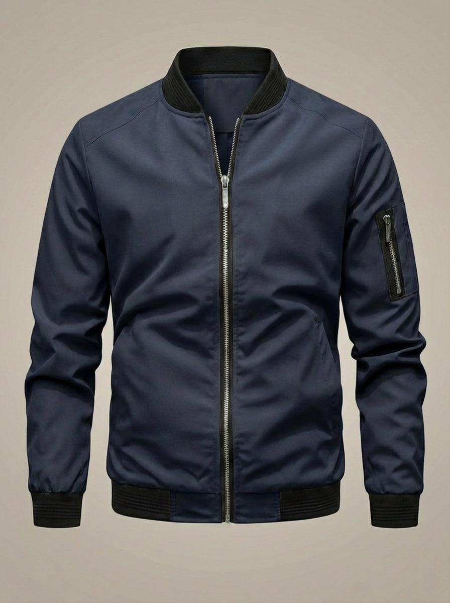 Men’s Stand Collar Zip Up Bomber Jacket | Sleeve Pocket