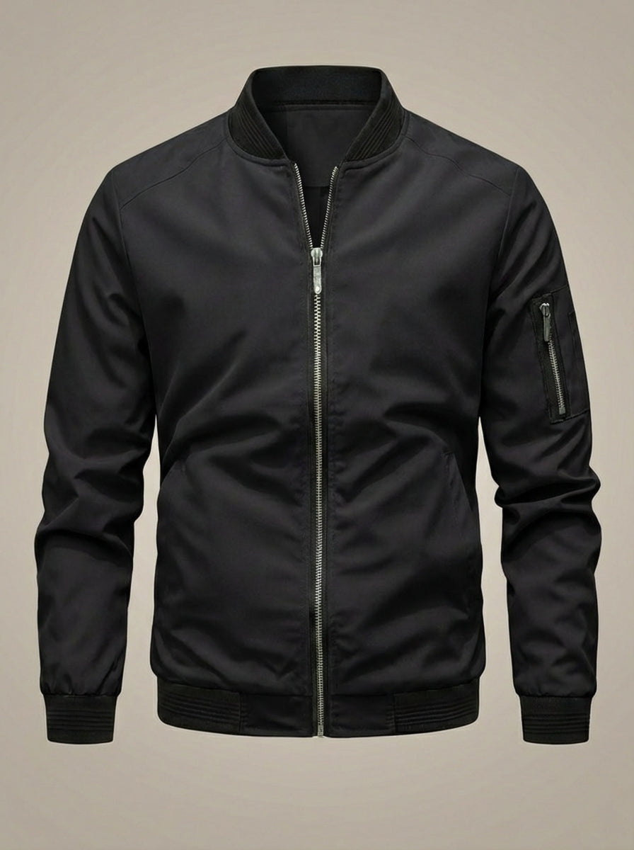 Men’s Stand Collar Zip Up Bomber Jacket | Sleeve Pocket