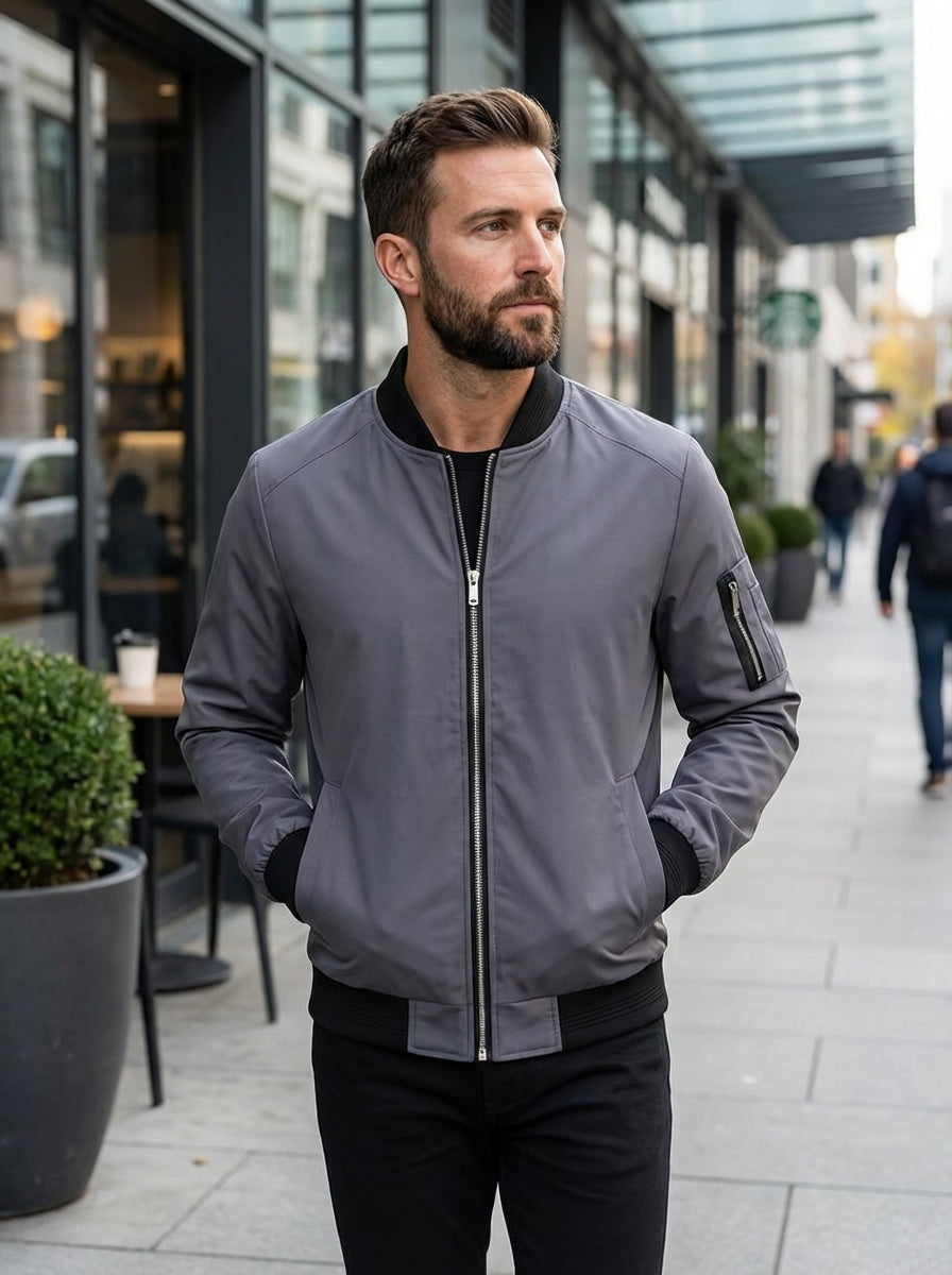 Men’s Stand Collar Zip Up Bomber Jacket | Sleeve Pocket