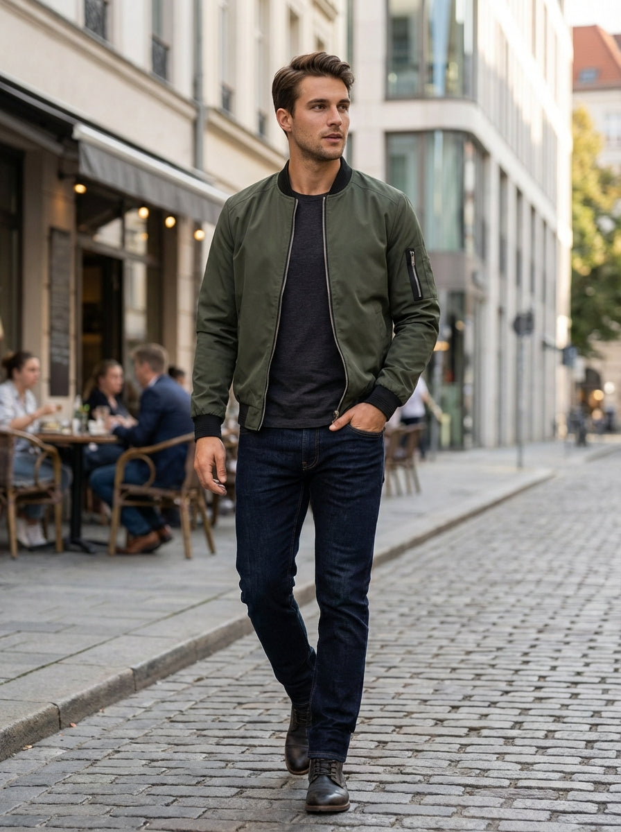 Men’s Stand Collar Zip Up Bomber Jacket | Sleeve Pocket