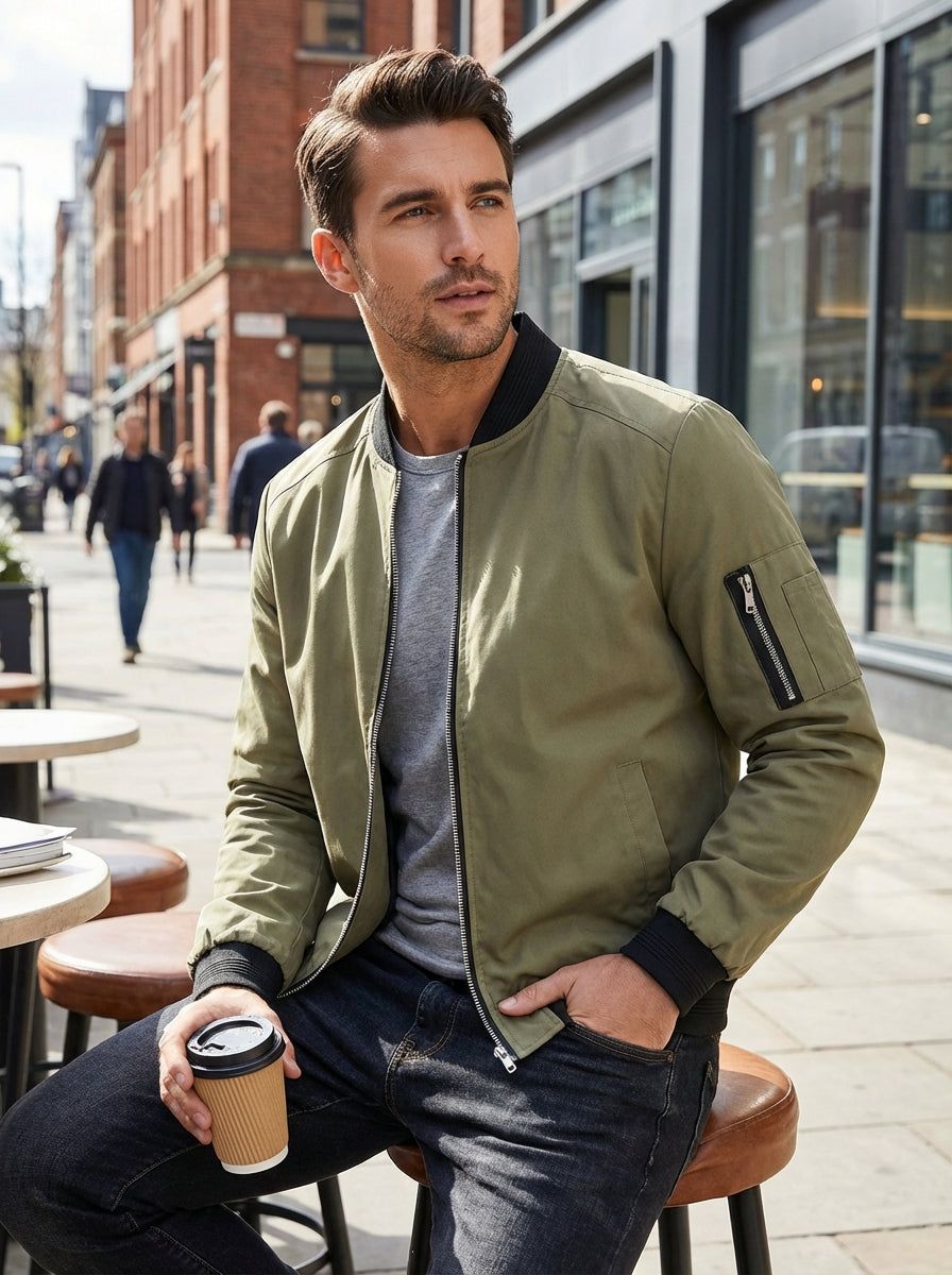 Men’s Stand Collar Zip Up Bomber Jacket | Sleeve Pocket
