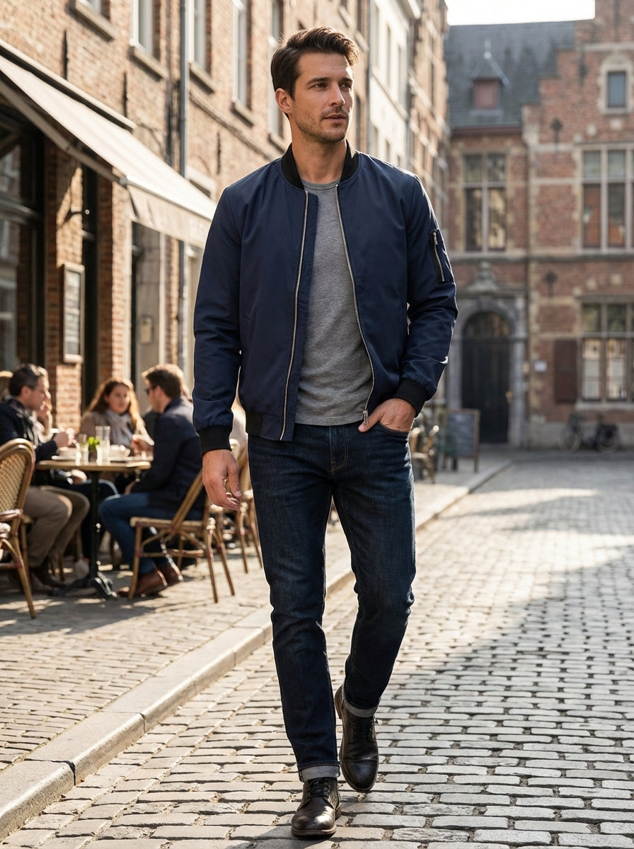 Men’s Stand Collar Zip Up Bomber Jacket | Sleeve Pocket