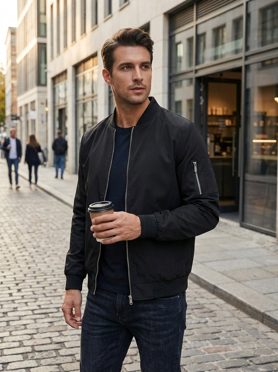 Men’s Stand Collar Zip Up Bomber Jacket | Sleeve Pocket