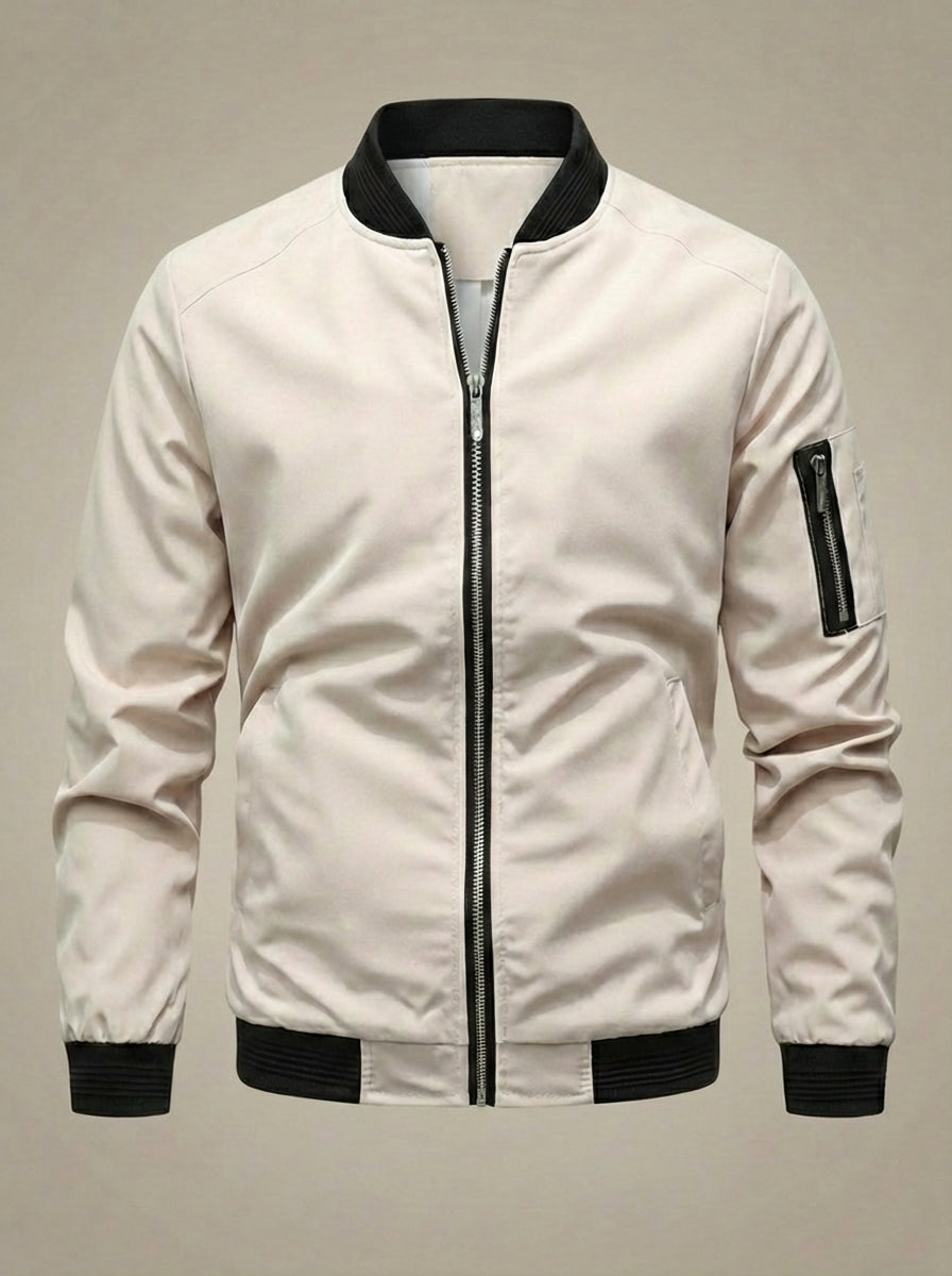 Men’s Stand Collar Zip Up Bomber Jacket | Sleeve Pocket