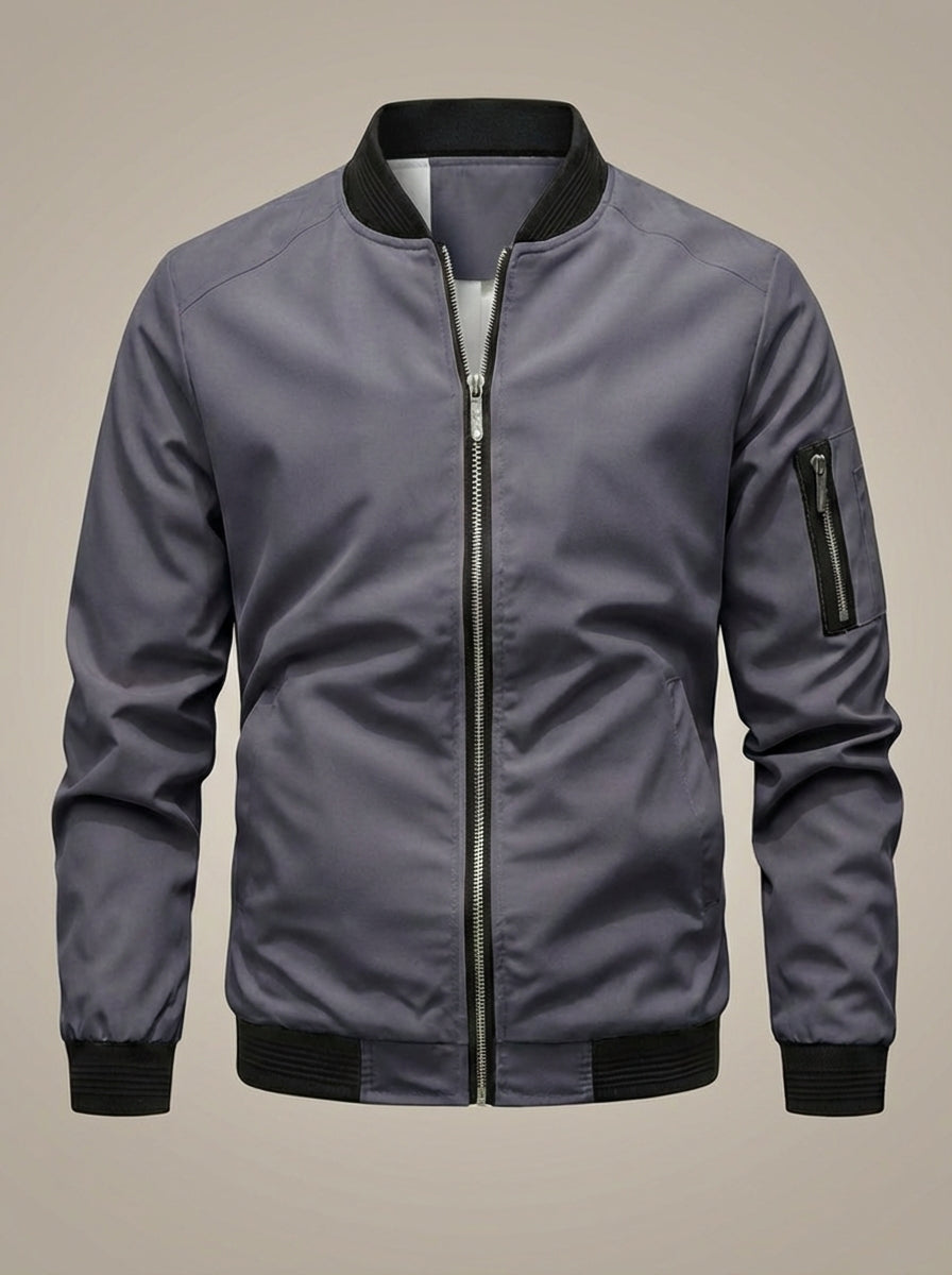 Men’s Stand Collar Zip Up Bomber Jacket | Sleeve Pocket
