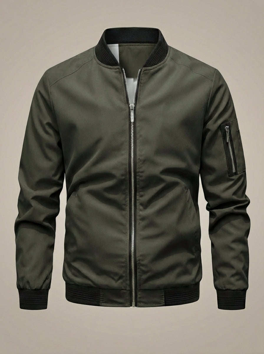 Men’s Stand Collar Zip Up Bomber Jacket | Sleeve Pocket