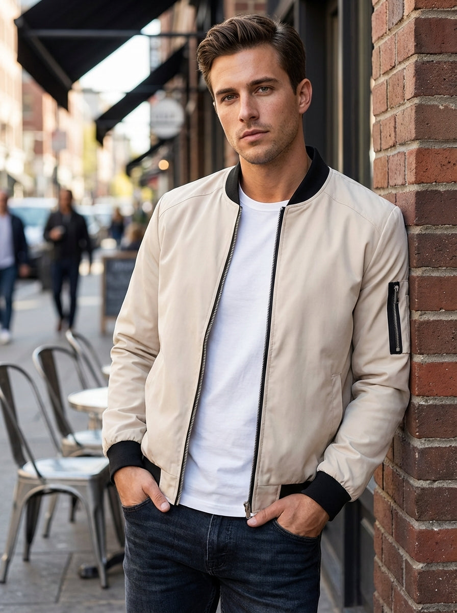 Men’s Stand Collar Zip Up Bomber Jacket | Sleeve Pocket