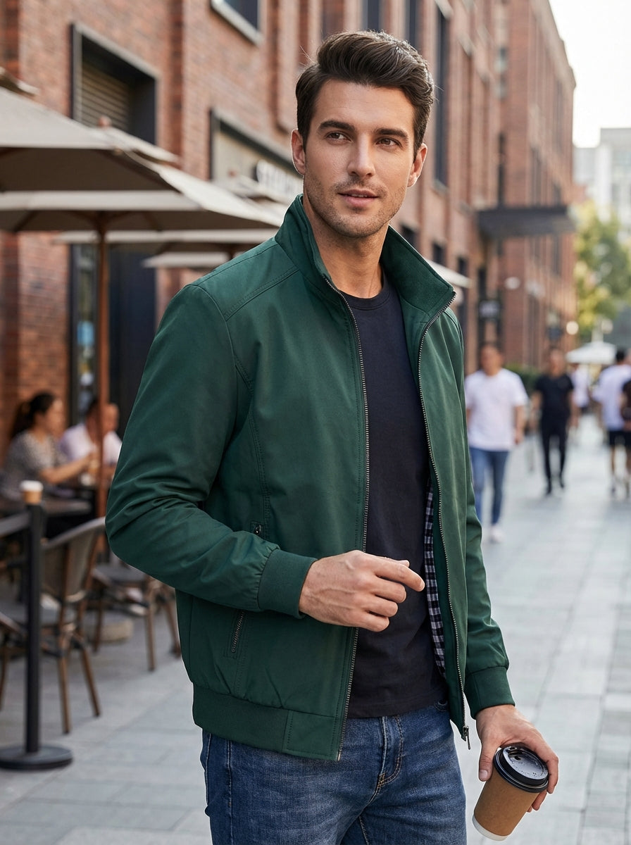 Men's Stand Collar Zipper Ribbed Cuff Jacket | Zip Pockets