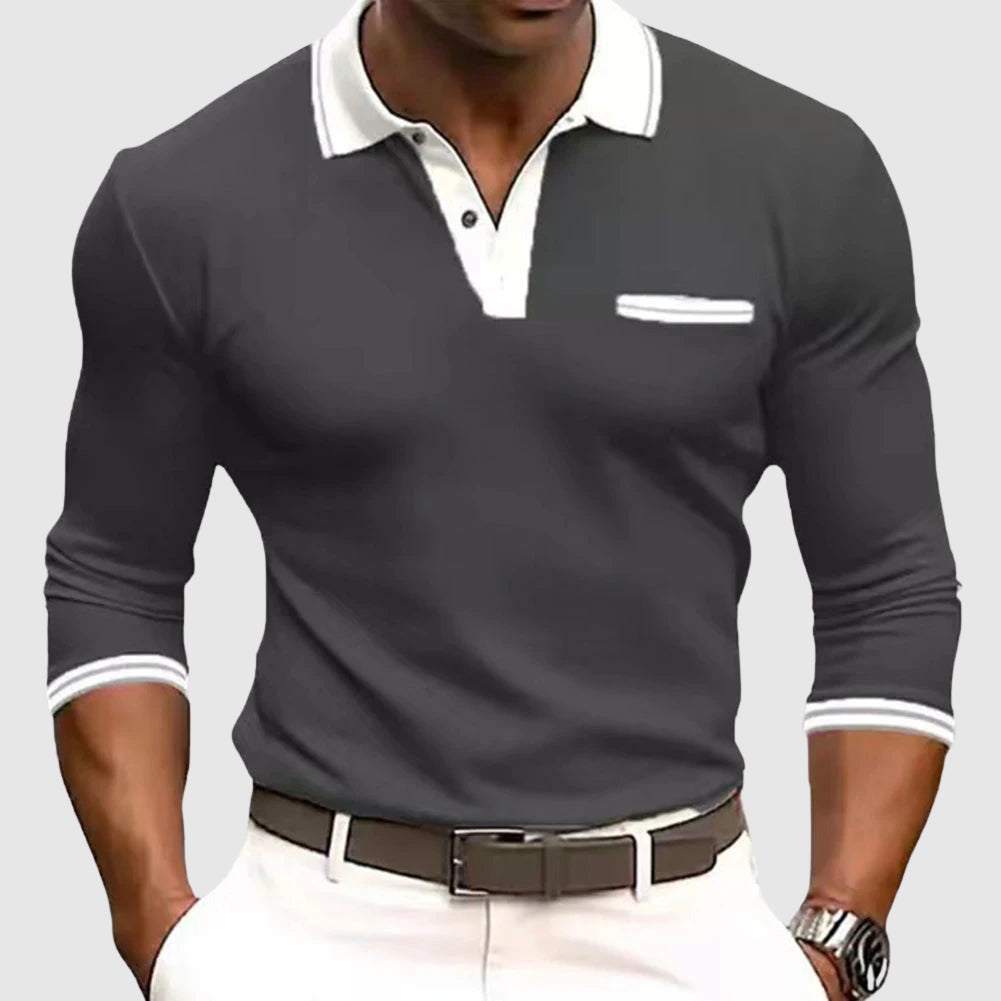Men’s Contrast Trim Polo Shirt | Long Sleeve Smart Casual