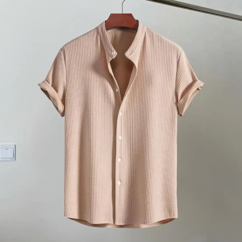 Men’s Short Sleeve Button Shirt | Textured Stand Collar