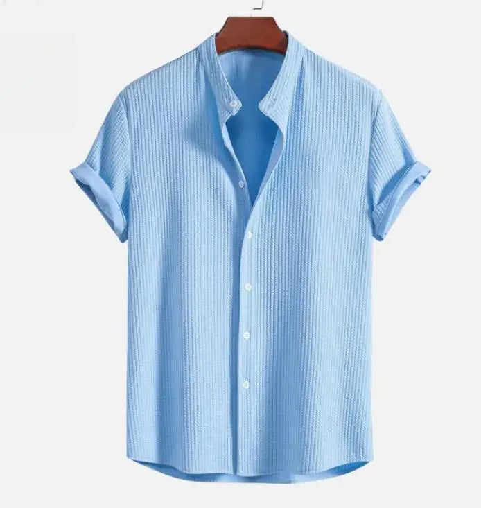 Men’s Short Sleeve Button Shirt | Textured Stand Collar