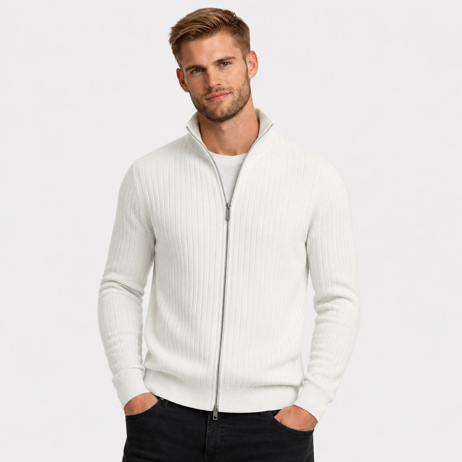 Men's Ribbed Zip-Up Cardigan | Stand Collar