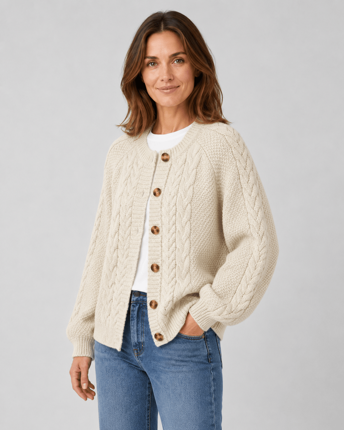 Womens Cable Knit Cardigan with Button Front, Ribbed Trims and Relaxed Sleeves