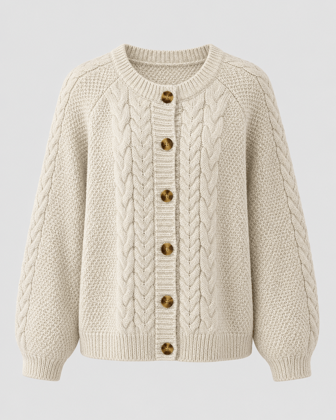 Womens Cable Knit Cardigan with Button Front, Ribbed Trims and Relaxed Sleeves