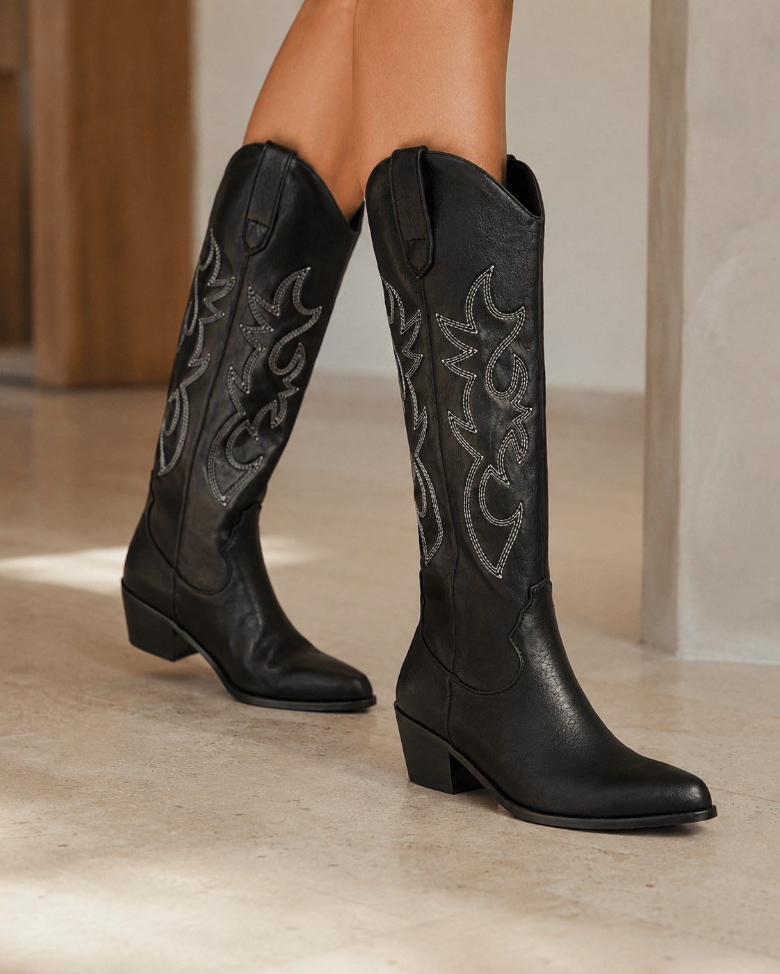 Women's Knee-High Cowboy Boots UK with Embroidered Shaft and Pointed Toe