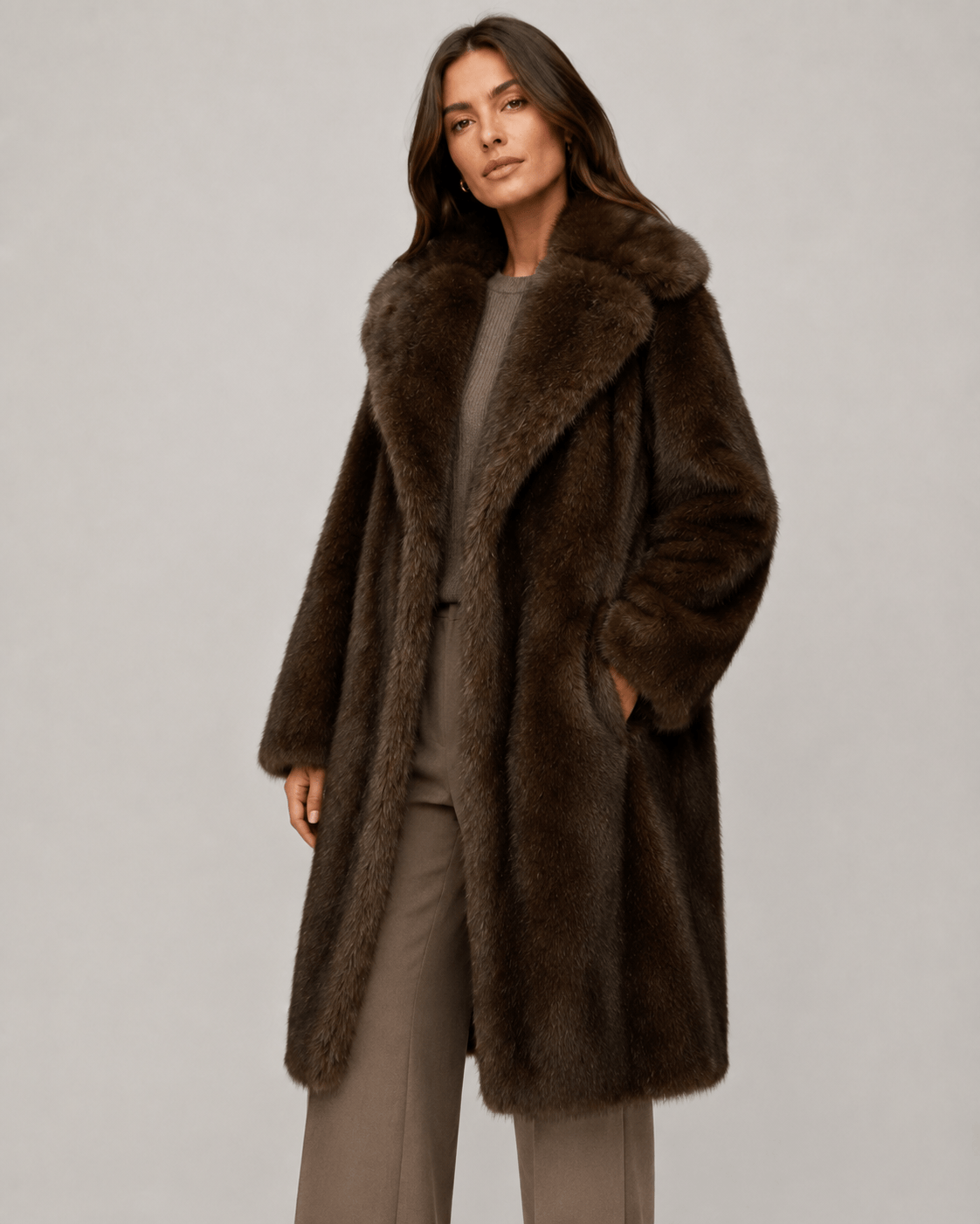 Longline Woman Coat with Wide Lapel Collar and Effortless Open Front