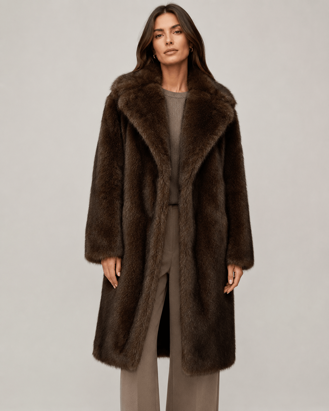 Longline Woman Coat with Wide Lapel Collar and Effortless Open Front