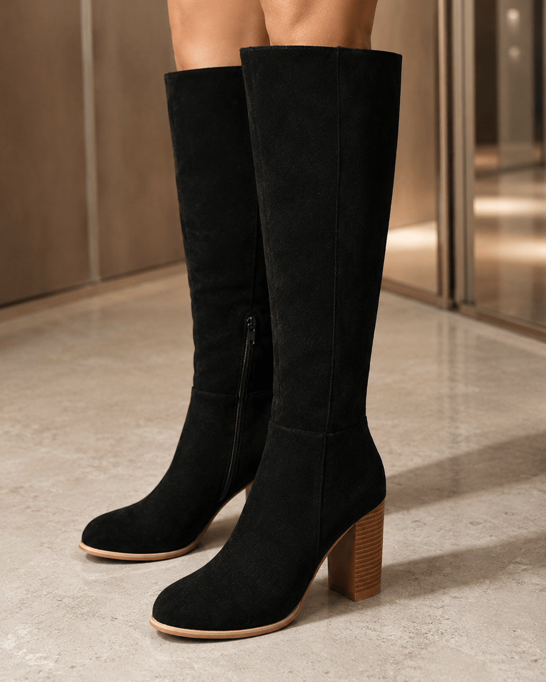 Women's Knee High Block Heel Boots UK with Side Zip and Round Toe