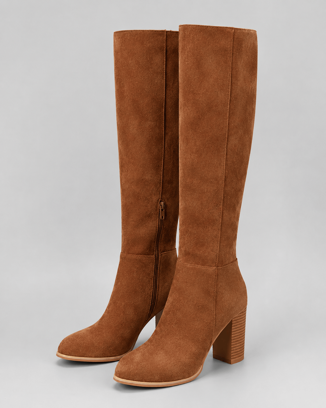 Women's Knee High Block Heel Boots UK with Side Zip and Round Toe
