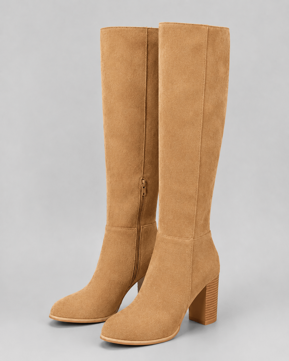 Women's Knee High Block Heel Boots UK with Side Zip and Round Toe