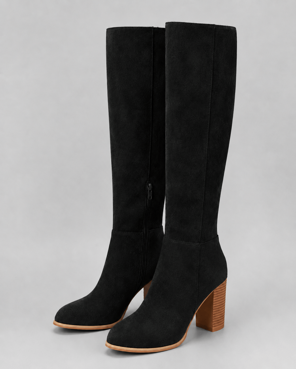 Women's Knee High Block Heel Boots UK with Side Zip and Round Toe