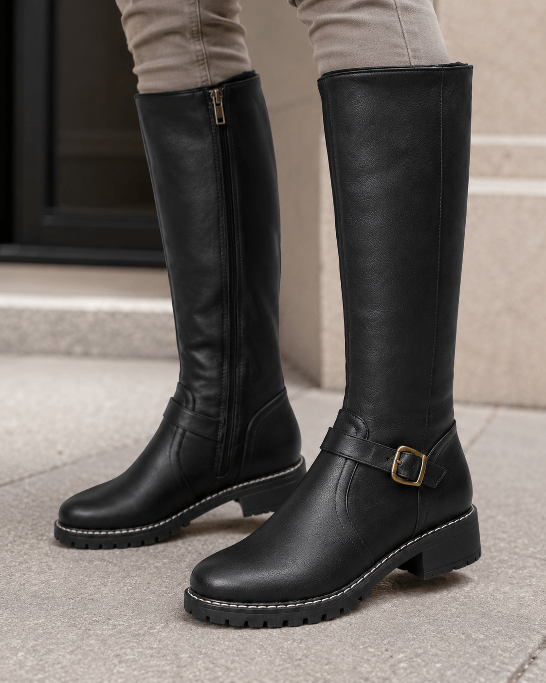Women's Knee-High Buckle Boots UK with Side Zip and Low Block Heel