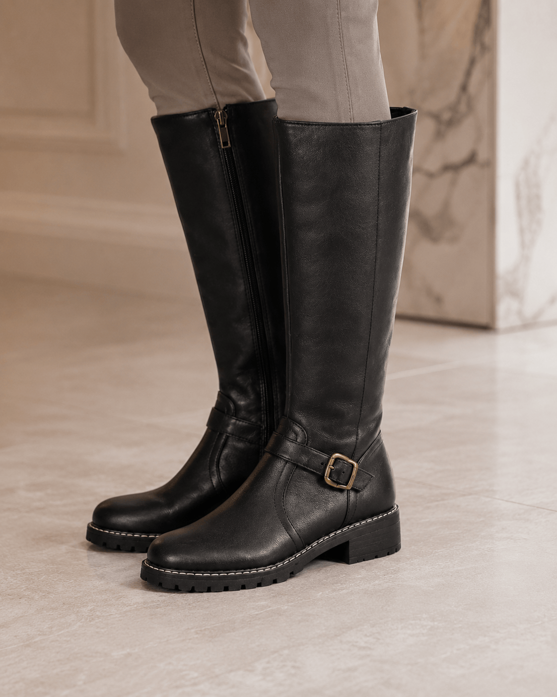 Women's Knee-High Buckle Boots UK with Side Zip and Low Block Heel