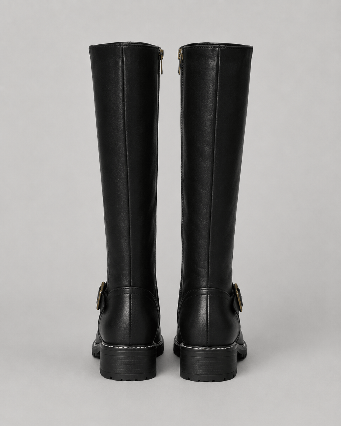 Women's Knee-High Buckle Boots UK with Side Zip and Low Block Heel