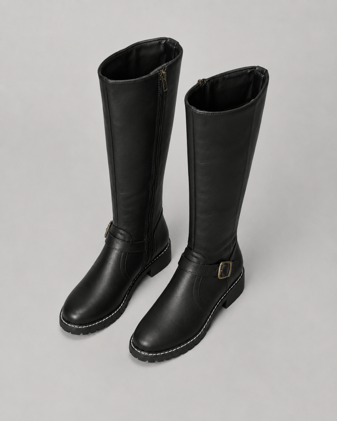 Women's Knee-High Buckle Boots UK with Side Zip and Low Block Heel