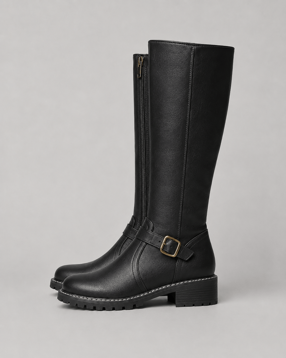 Women's Knee-High Buckle Boots UK with Side Zip and Low Block Heel