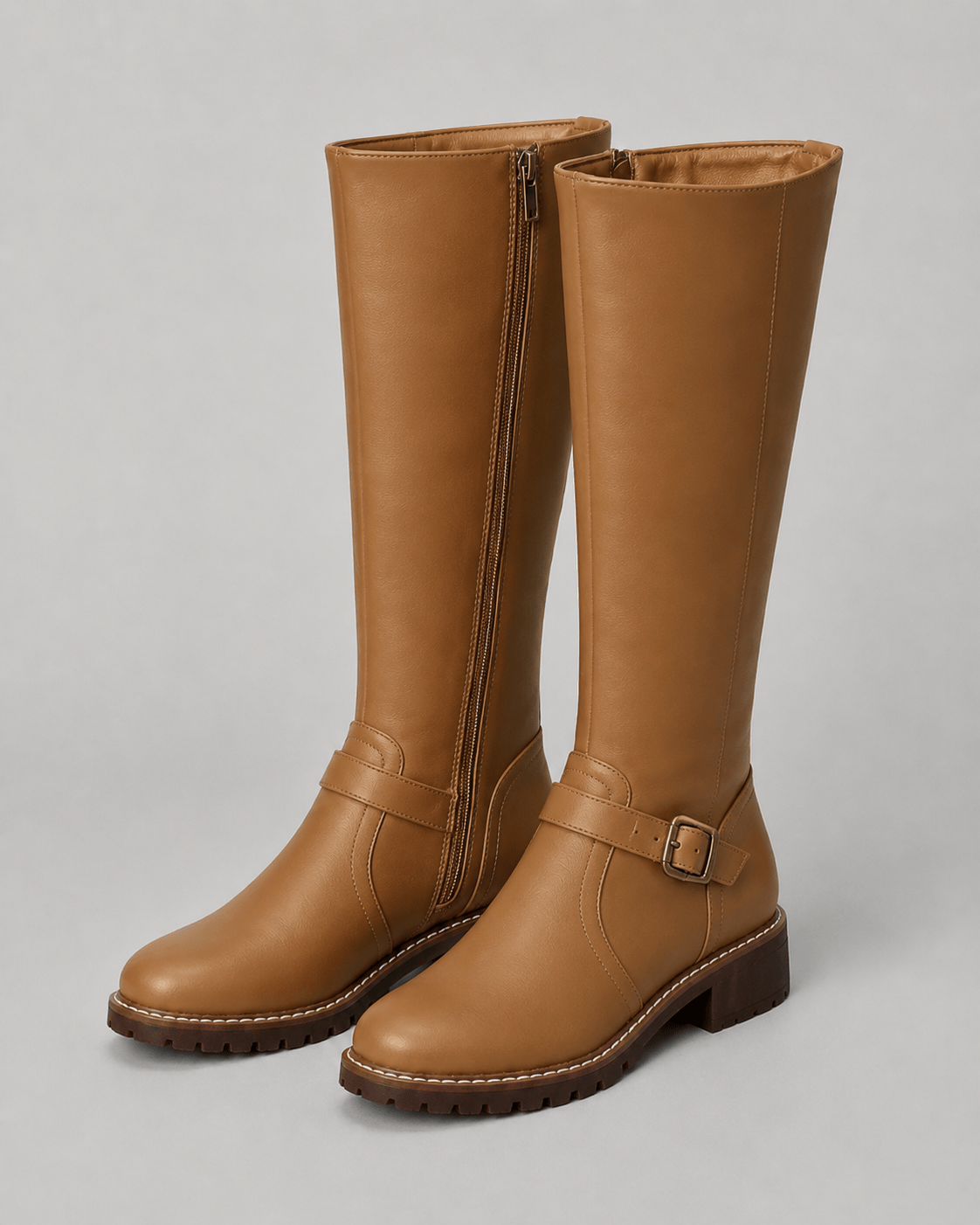 Women's Knee-High Buckle Boots UK with Side Zip and Low Block Heel