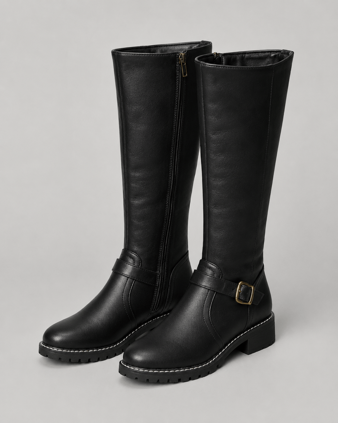 Women's Knee-High Buckle Boots UK with Side Zip and Low Block Heel