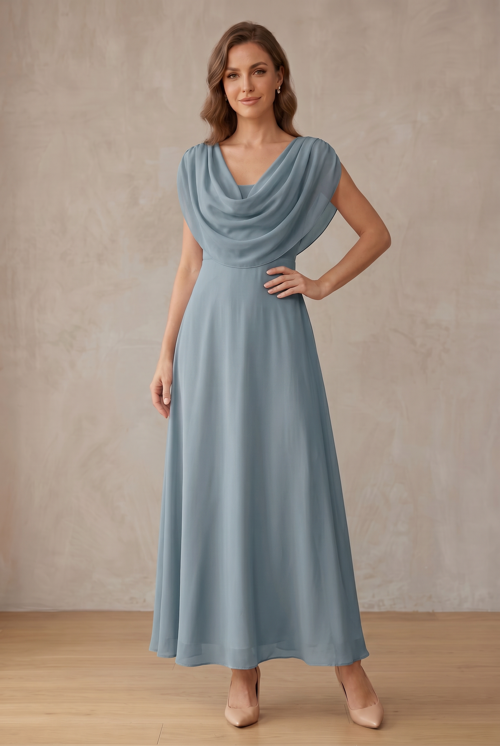 Women's Draped Cowl Neck Sleeveless Wedding Guest Dress | Maxi