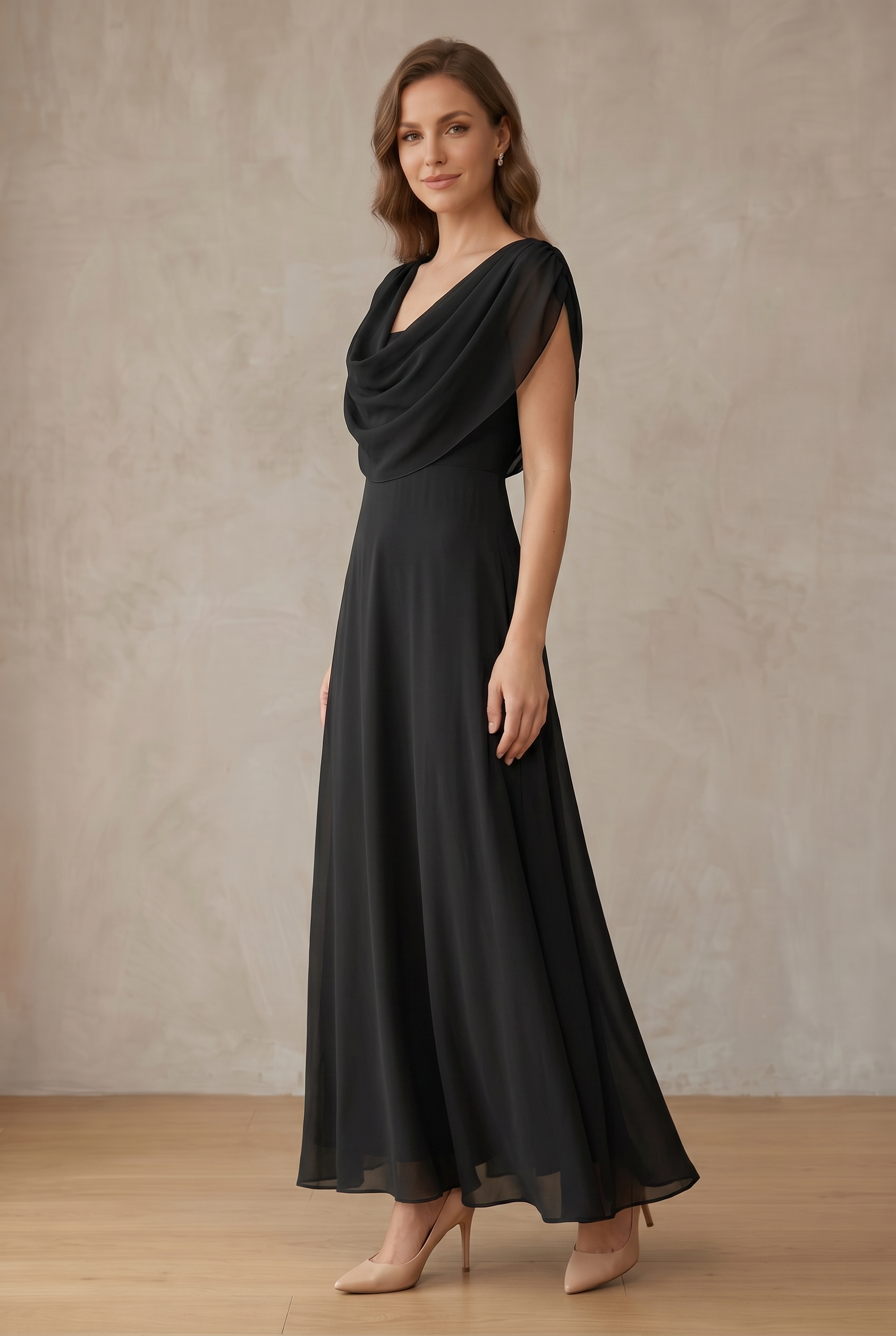 Women's Draped Cowl Neck Sleeveless Wedding Guest Dress | Maxi