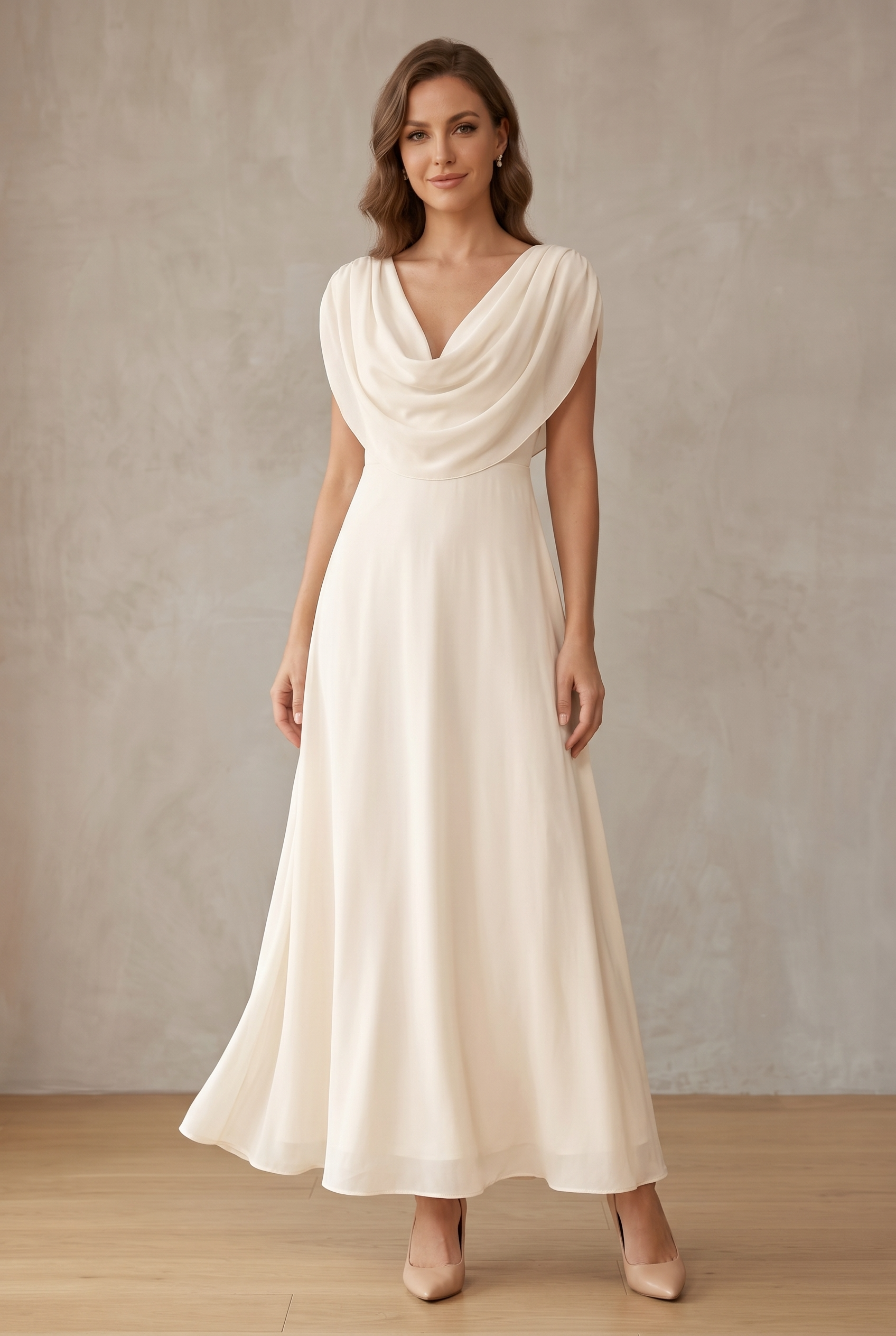 Women's Draped Cowl Neck Sleeveless Wedding Guest Dress | Maxi
