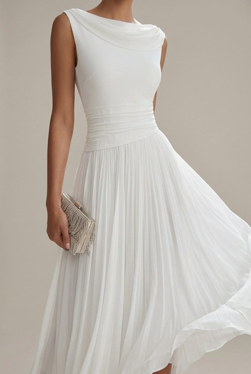 Women's Dress | Sleeveless Draped Neckline Pleated Midi
