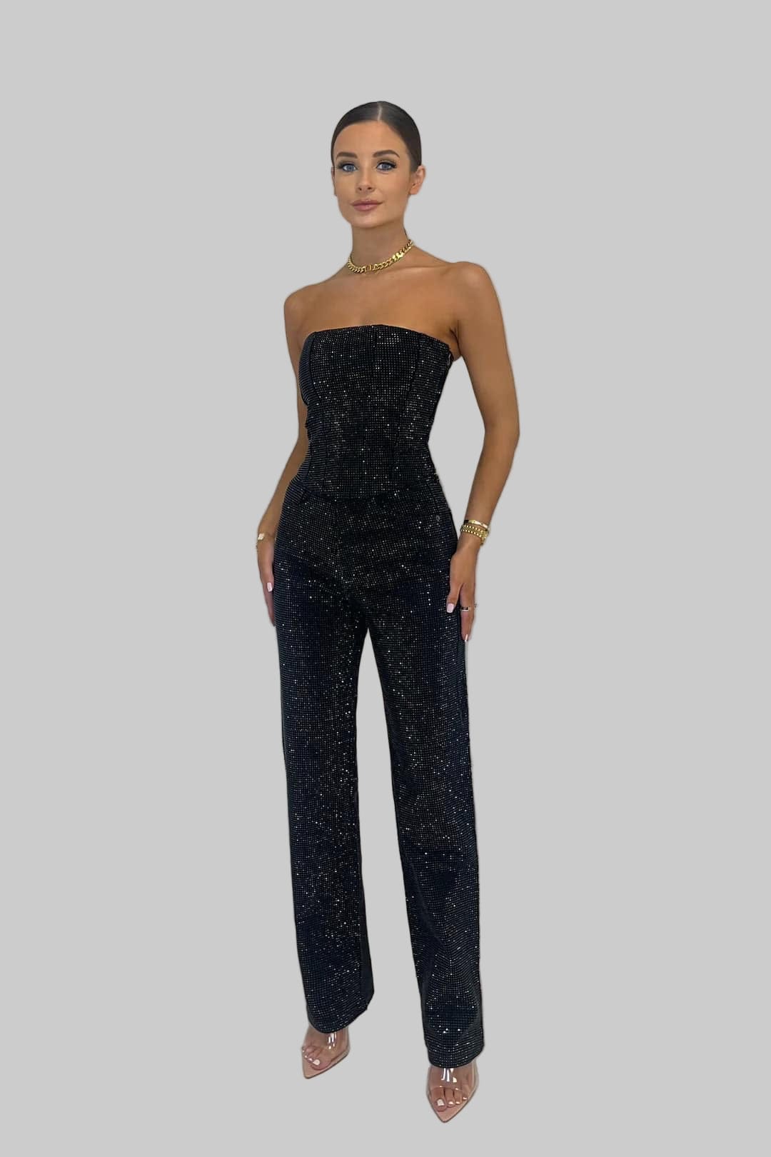 Women's Glitter Strapless Top & High-Waist Trousers Set | Two Piece