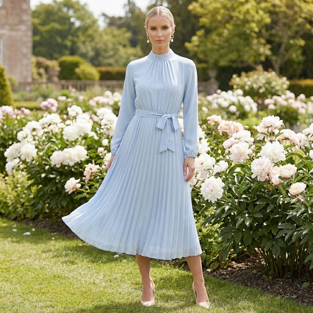 Women’s Long Sleeve Pleated Dress with Belt | Midi