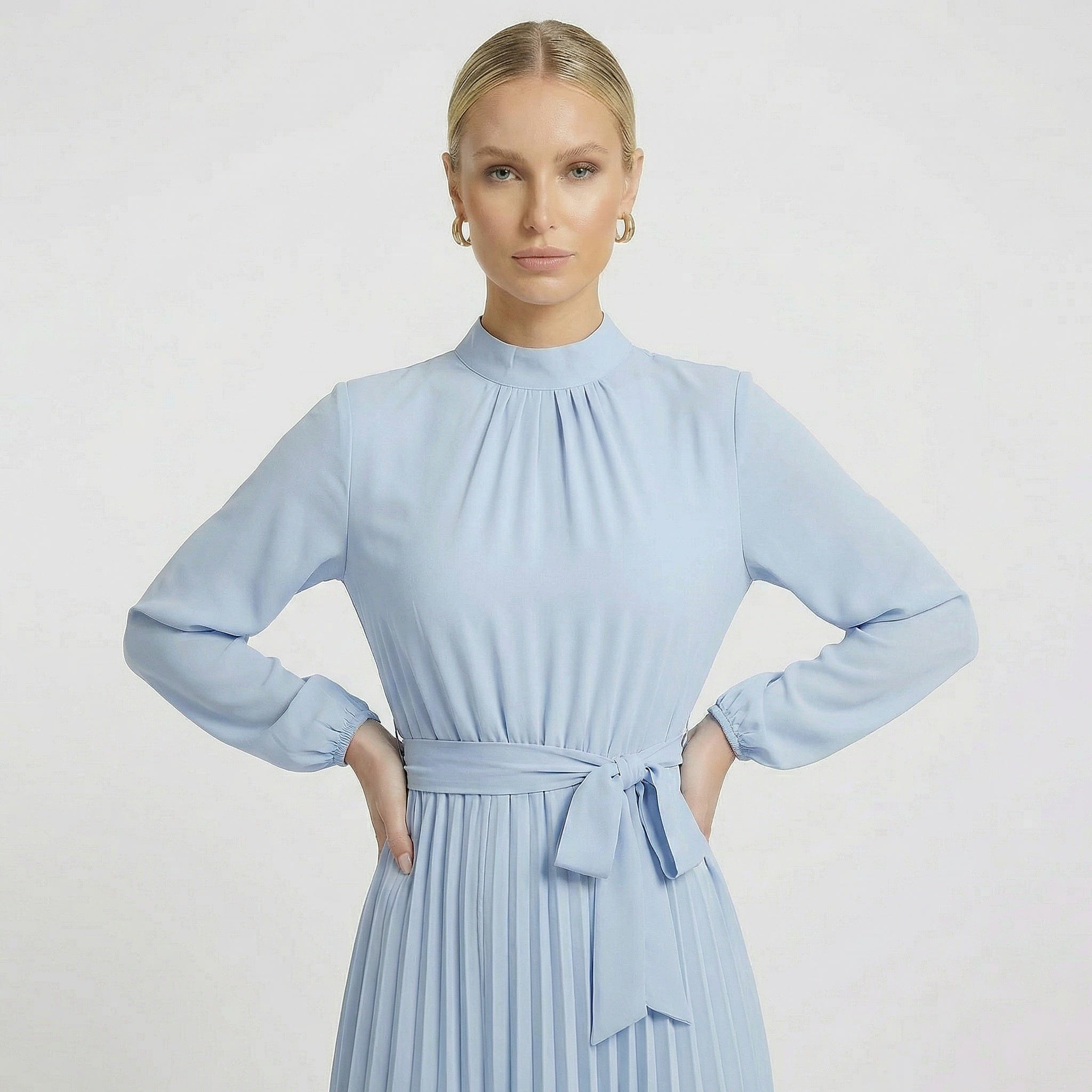 Women’s Long Sleeve Pleated Dress with Belt | Midi
