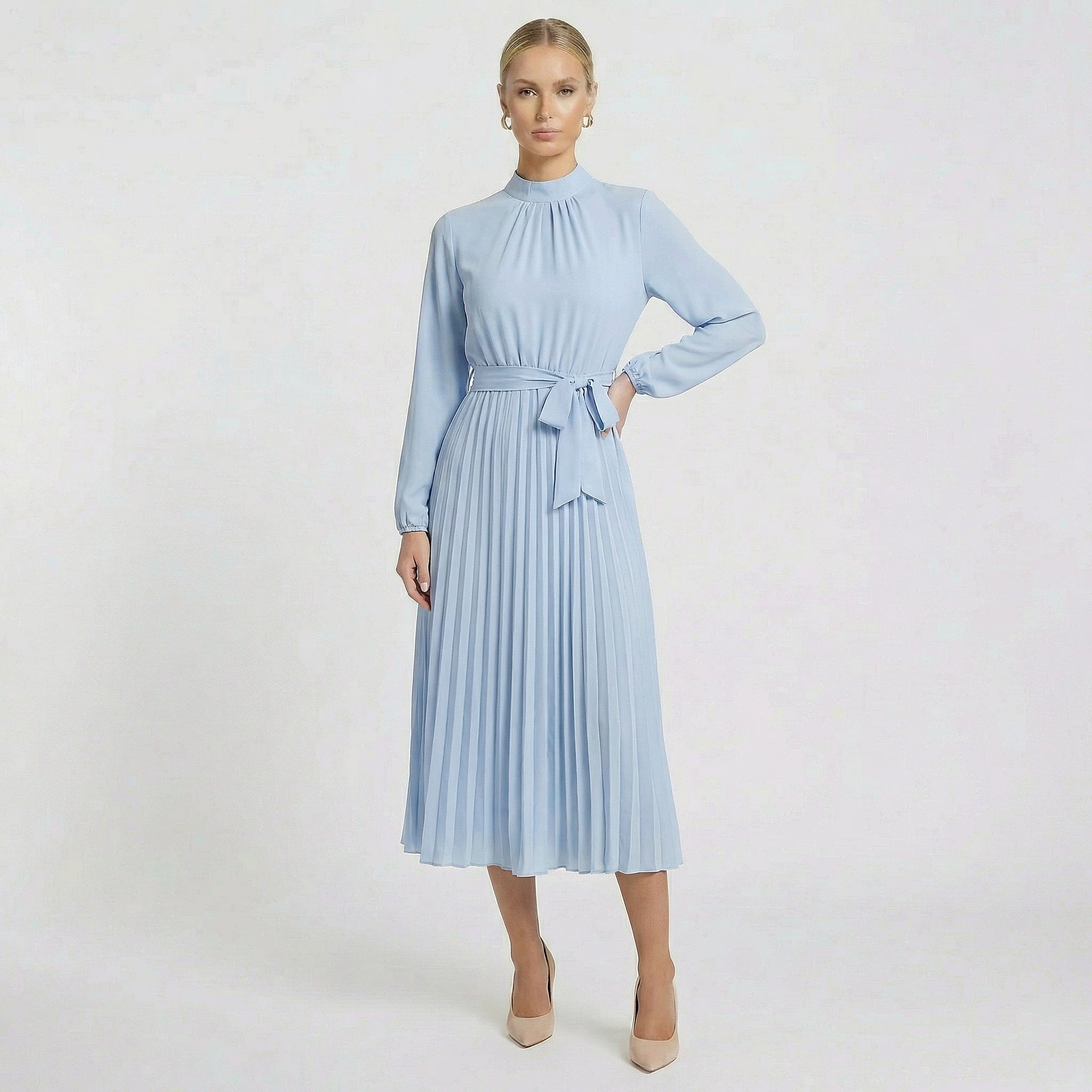 Women’s Long Sleeve Pleated Dress with Belt | Midi