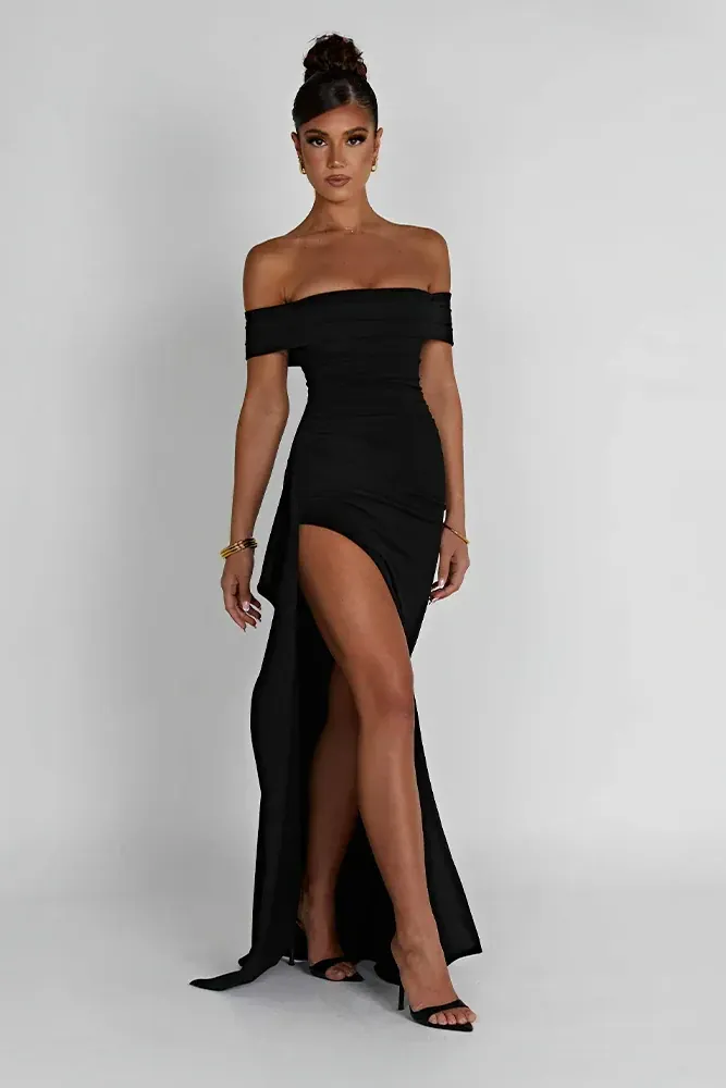 Women's Off Shoulder High Slit Fitted Graduation Dress | Maxi